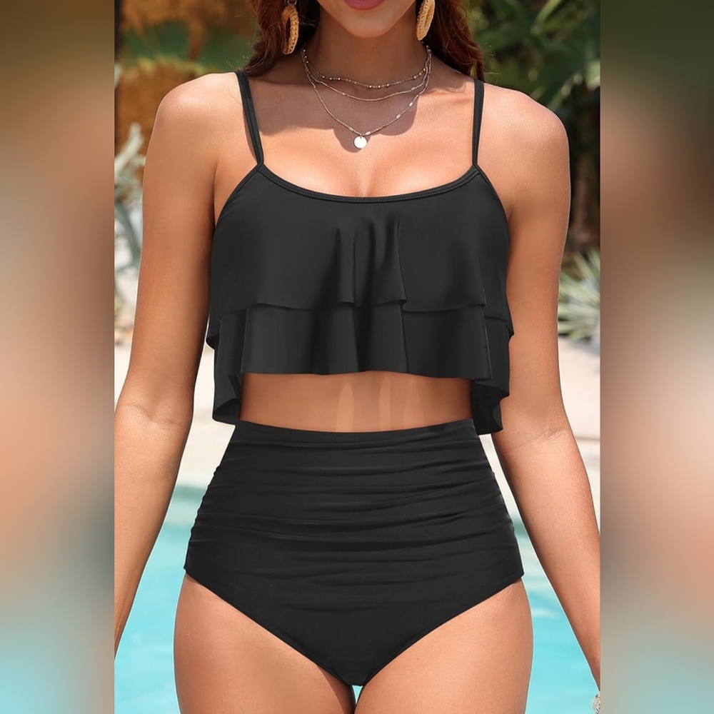 NWT. TEMPT ME Black Ruffle Bikini Set With High Waist Tummy Control Bottoms